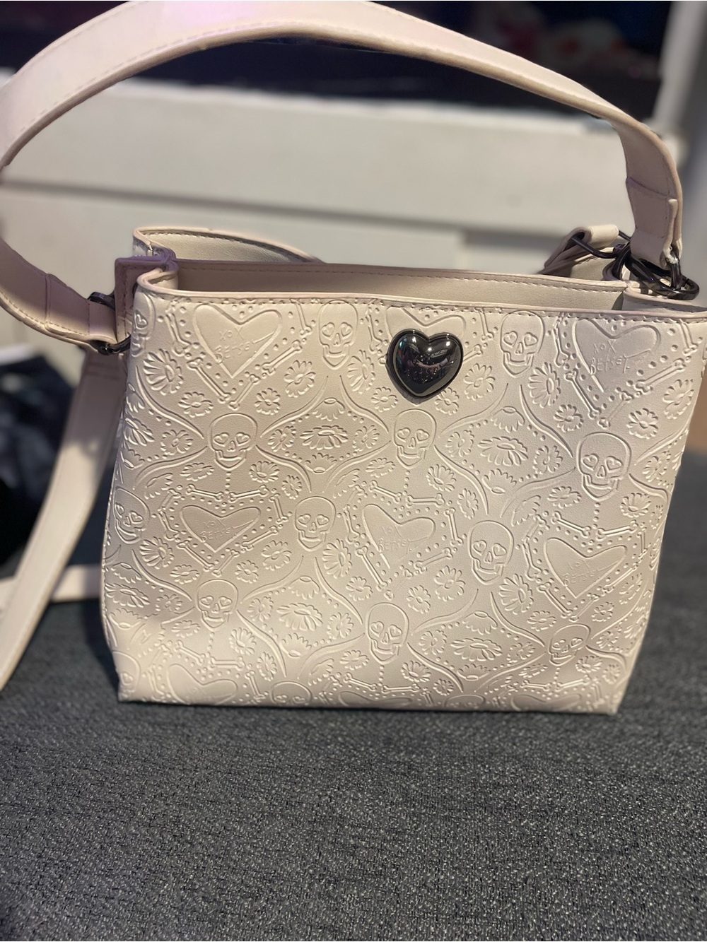 Embossed Heart & Skull Crossbody Bag in Light Pink